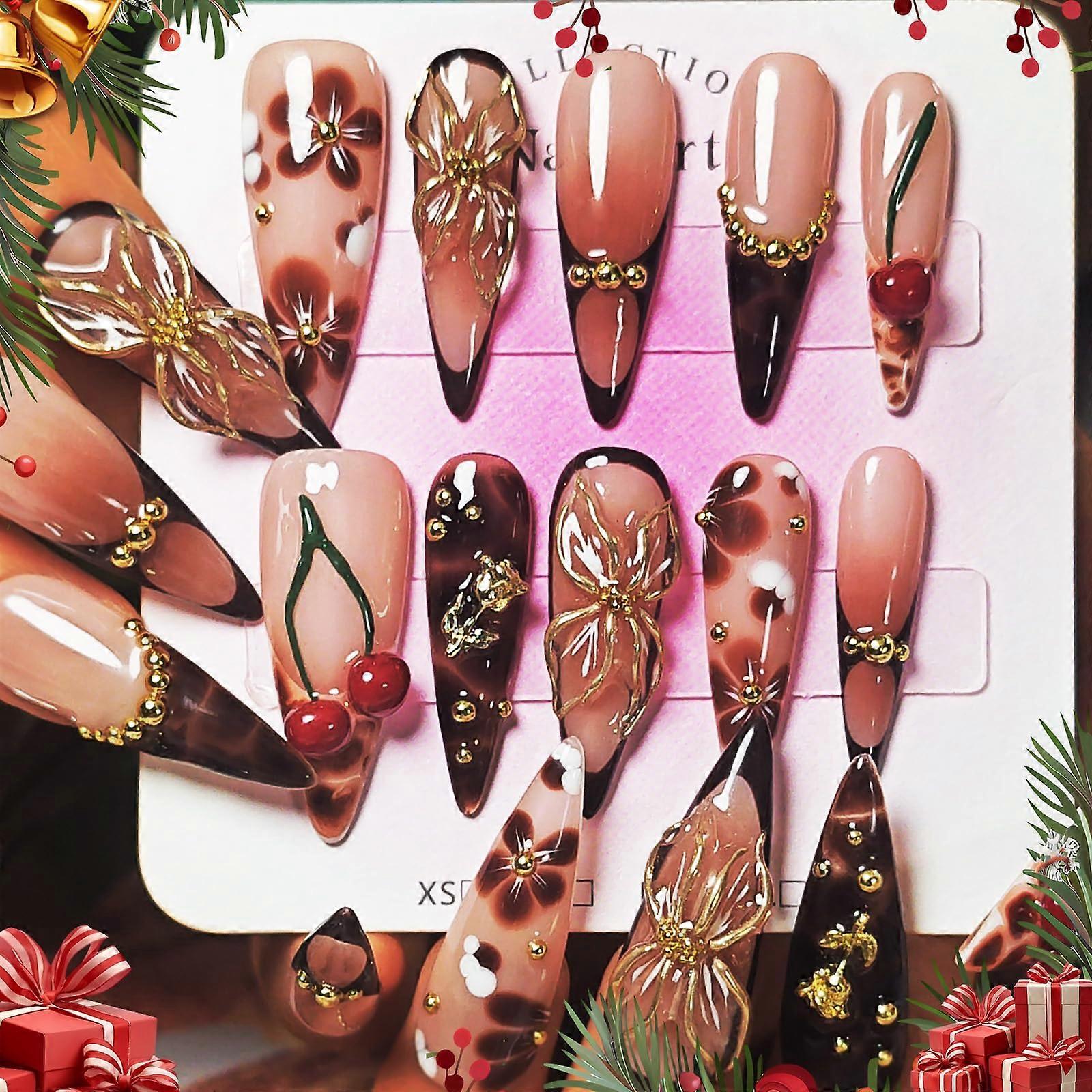 Handmade 3D Cherry Bloom Press On Nails Brown Stiletto Acrylic Long Reusable Kit with Glue