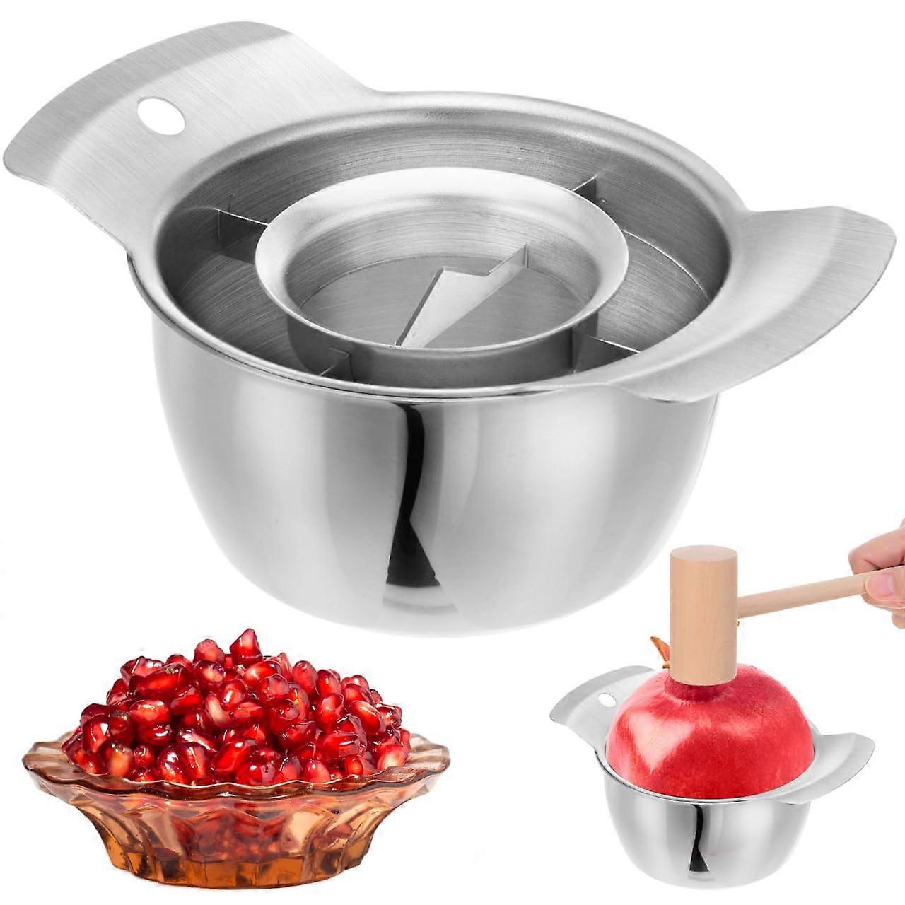 Stainless Steel Pomegranate Deseeder and Peeler with Bowl and Wooden Hammer for Fast Seed Removal