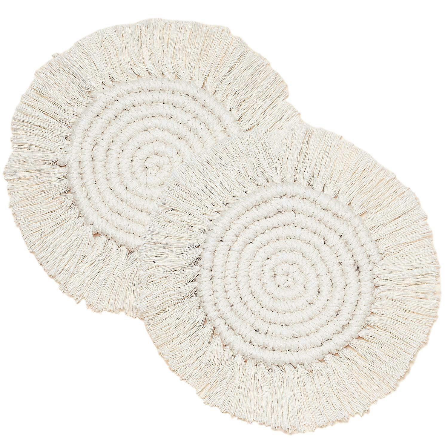 Handmade Macrame Boho Coasters Set of 2, Round White Drink Mats for Table, Kitchen and Home Decor