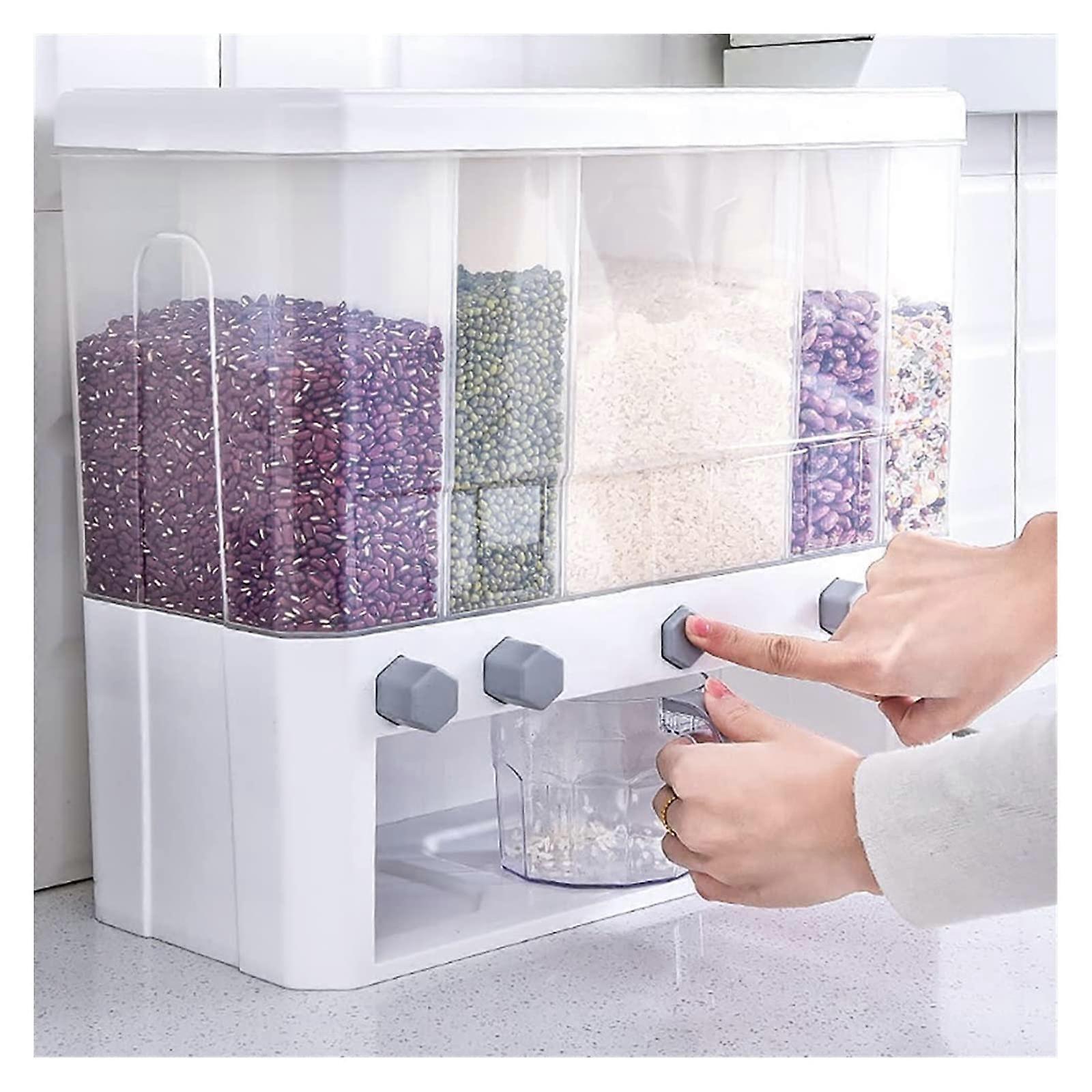 Rice Dispenser Wall Mounted 5 Grid Cereal Dispenser with Measuring Cup, Kitchen Grain Storage Container