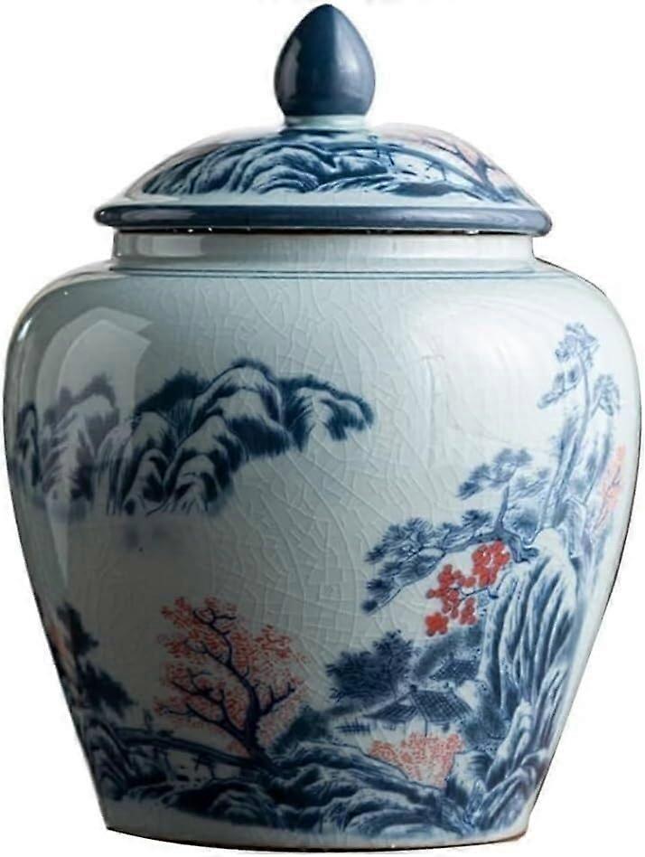 Chinese Ginger Jar with Lid, Chinoiserie Temple Jar Vase for Tea Storage or Floral Display 16x21cm