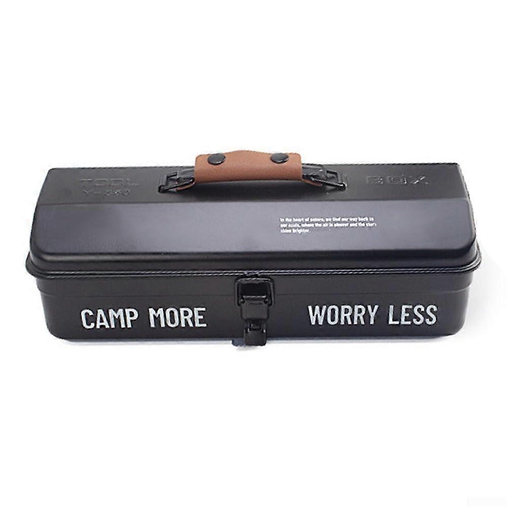 Portable Metal Tool Box with Leather Handle and Double Locks, Heavy Duty Iron Case for Camping Tools Black