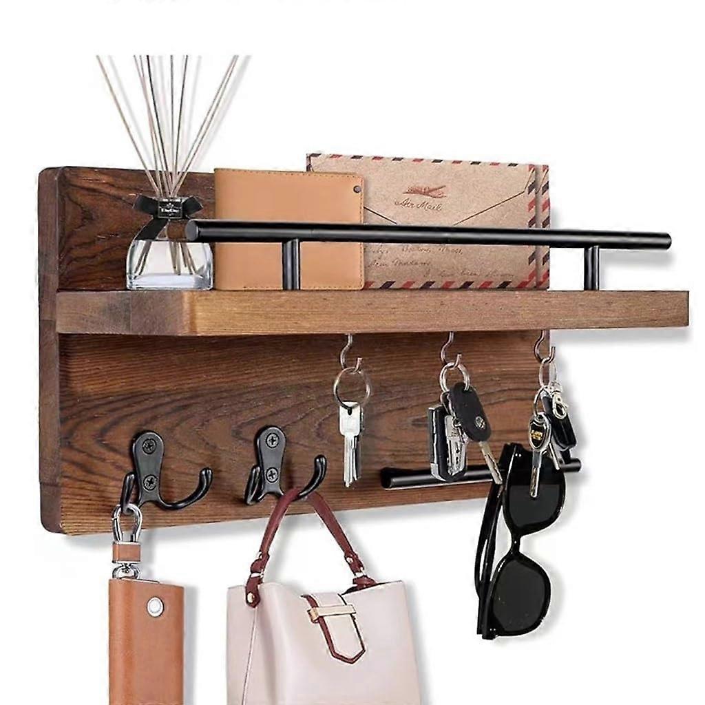 Wall Mounted Key Holder with Shelf Hooks Rustic Wood Organizer for Mail Sunglasses Entryway