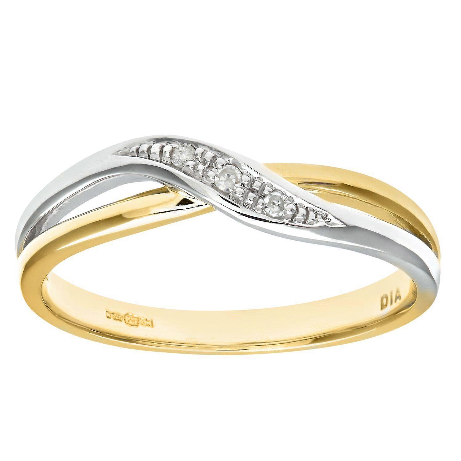 Jewelco London 9 克拉黄金圆形 2 分钻石交叉礼服戒指