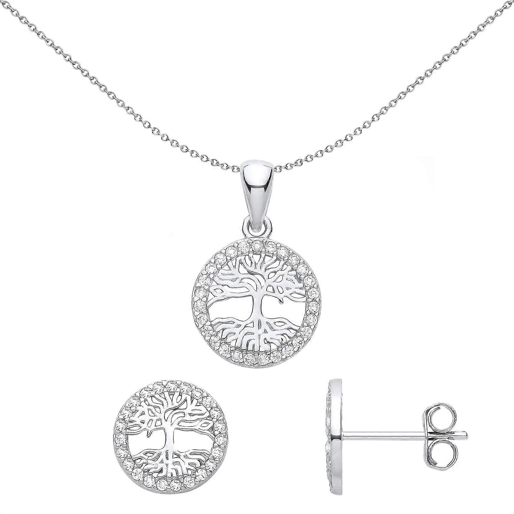 Jewelco London Ladies Rhodium Plated Sterling Silver CZ Circle of Life Tree Halo Earrings Necklace Set