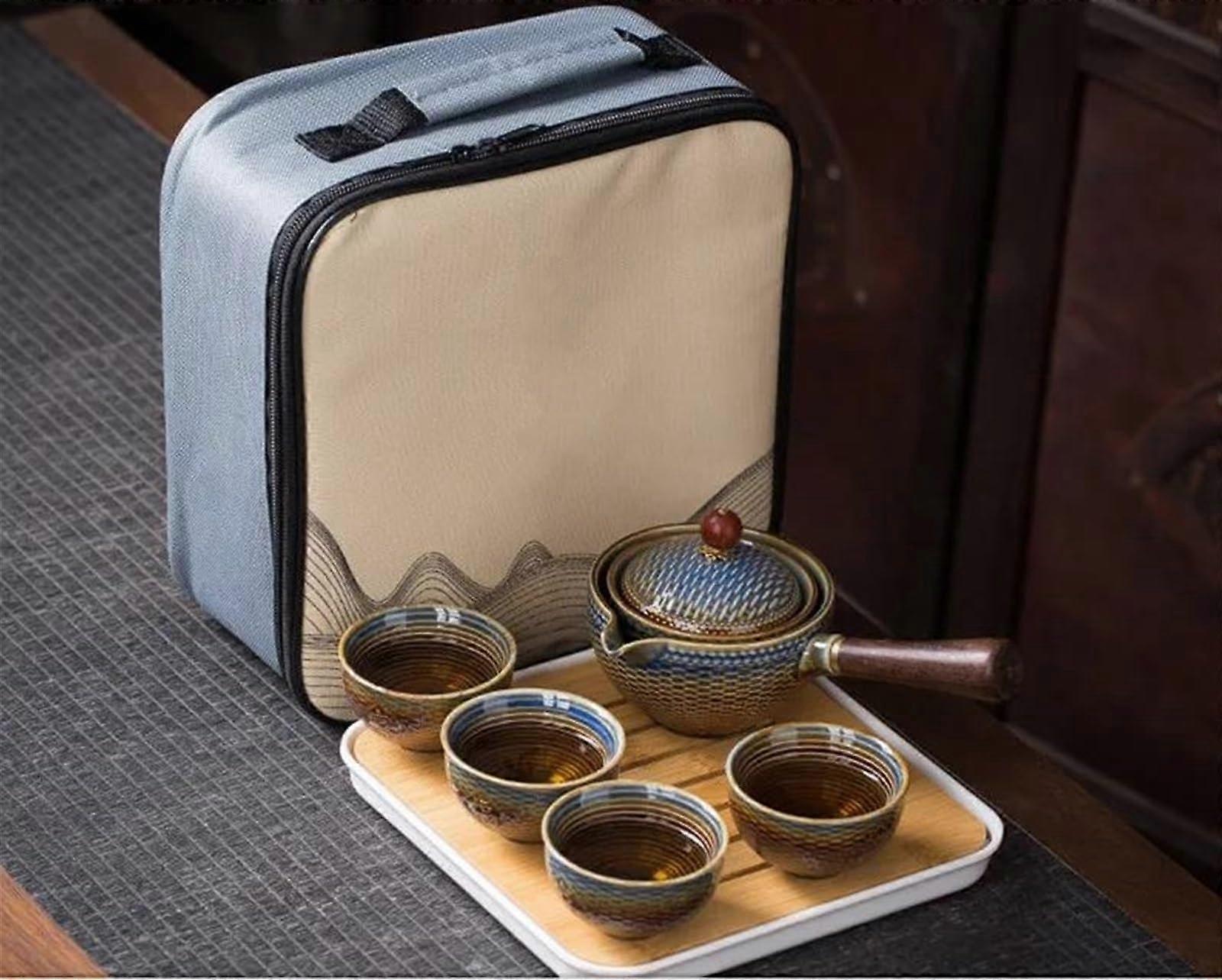 Chinese Tea Set with Automatic Rotating Pour, Double Layer Ceramic Kung Fu Travel Gift Set