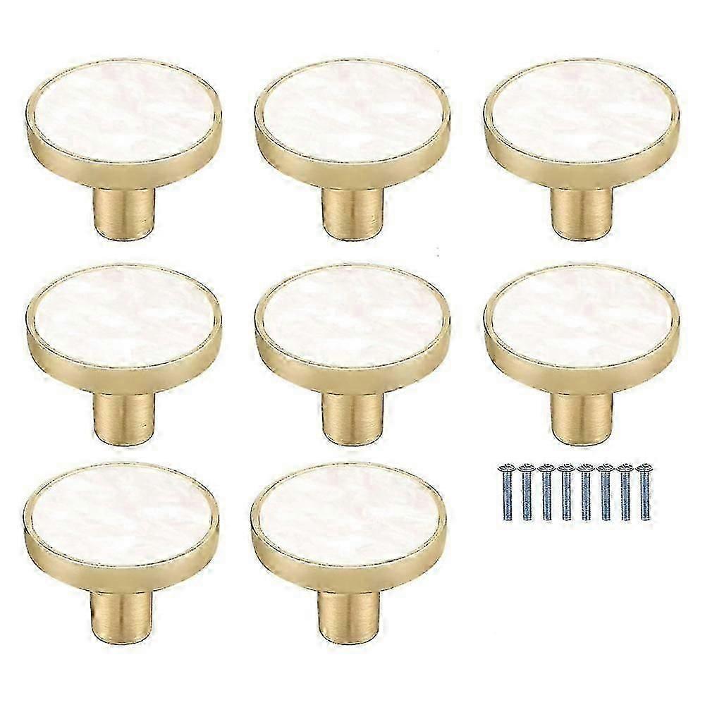 8 Pack White Marbled Brass Round Cabinet Knobs - White Decorative Drawer Knobs - Gold Dresser Knobs for Kitchen Furniture, Clothes Hooks