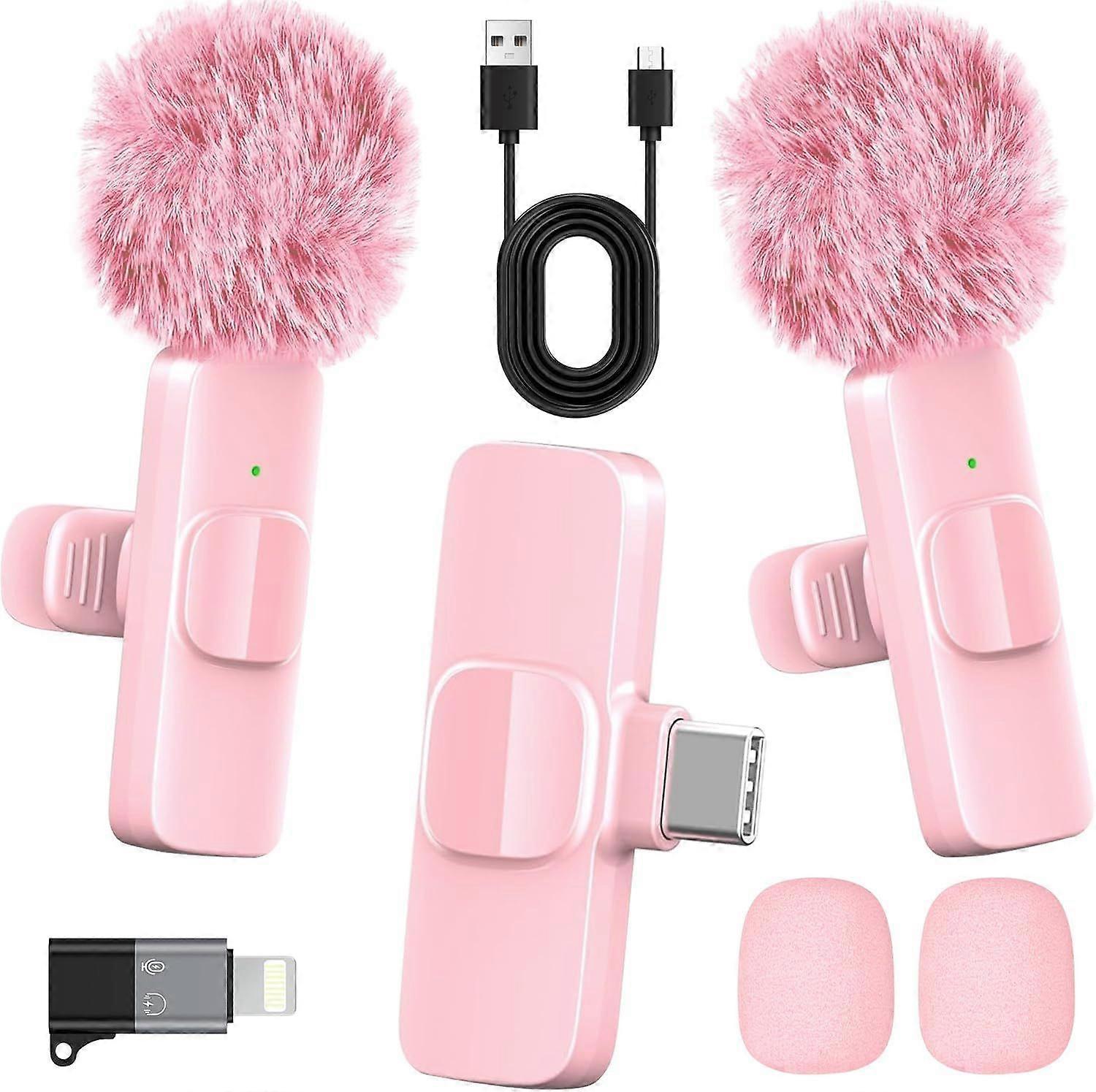 Microfone de lapela sem fio rosa para iPhone e Android - Mini microfone de clipe com