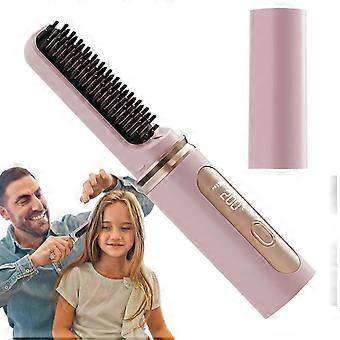 Cordless Rechargeable Hair Straightener Brush Curler, Adjustable Temperature for Travel Pink