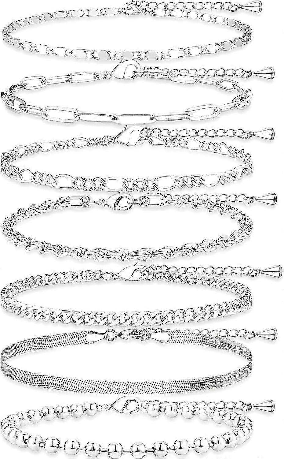 Adjustable 7-Piece Silver Anklet Set_jsas