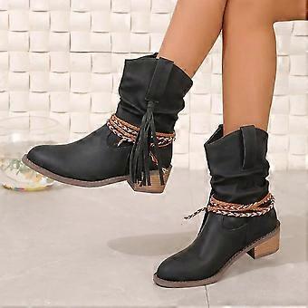 Stivali da donna plissettati e robusti, stile cowboy, con tacco medio, modello Chelsea, autunno/inverno, vintage, con punta a punta, stile punk, robusti, da motociclista, alla caviglia55