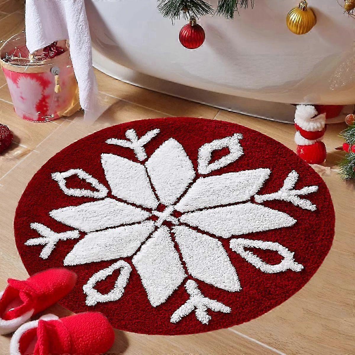 Festive Red Snowflake Round Bath Rug