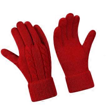 Women's Thick Knitted Gloves with Warm Fleece Interior, Cable Pattern, and Two-Fingertip Access for Routine Phone Use  Red