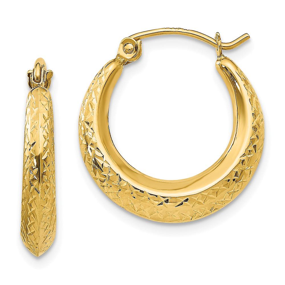 Boucles d’oreilles créoles creuses texturées en or jaune 14 carats 19 x 18 mm de large et 3 mm d’épaisseur pour femme