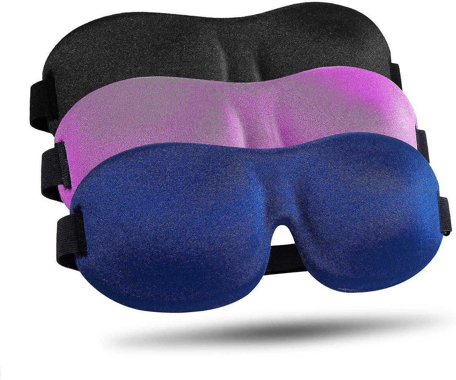 Sleeping Eye Mask 3 Pack, Upgraded 3D Contour 100% Blackout Sleeping Eye Mask with Adjustable Straps, Travel/Nap Eye Mask, Black/Purple/Blue