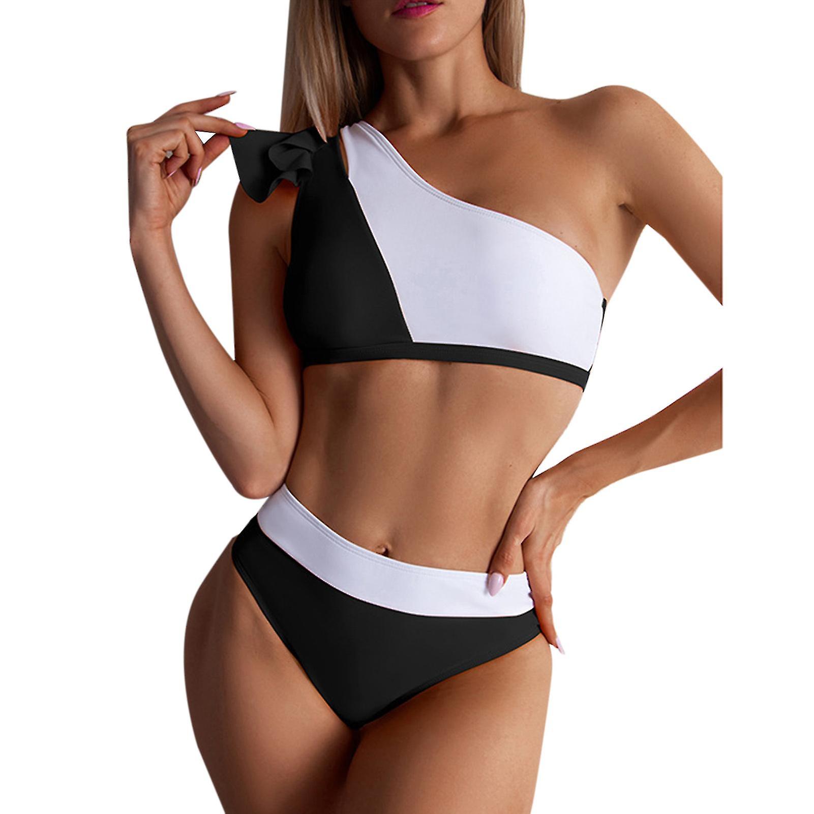 Femmes Une épaule Bikini Color Blocking Stretch Tight Fit Bikini Set pour la natation Party