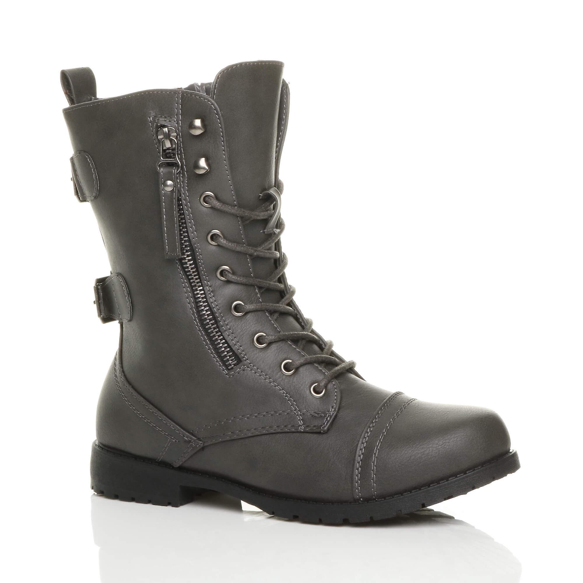 Ajvani womens flat low heel lace up zip combat army military ankle boots