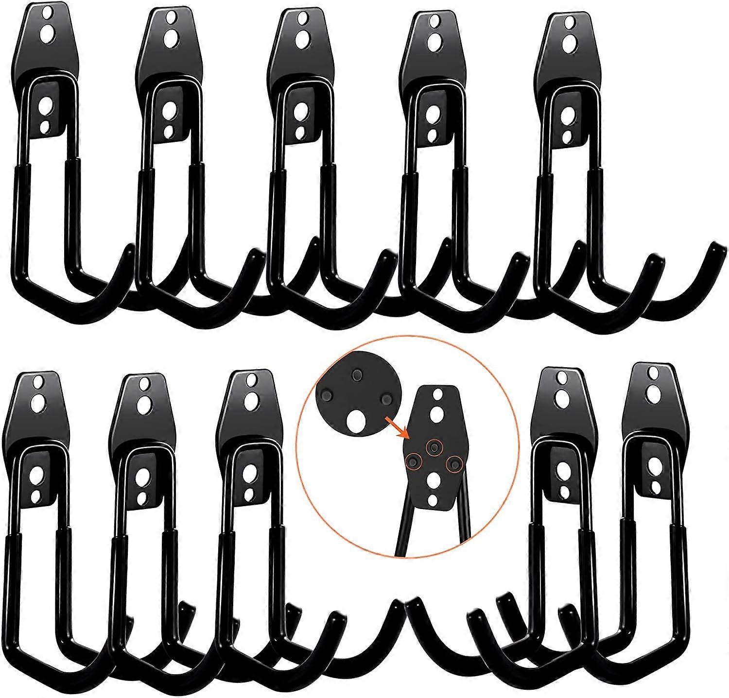 3-H Garage Wall Hooks Double Hooks Equipment Hooks 10 Pack Heavy Duty Wall Hooks for Ladder Tools Hose Black