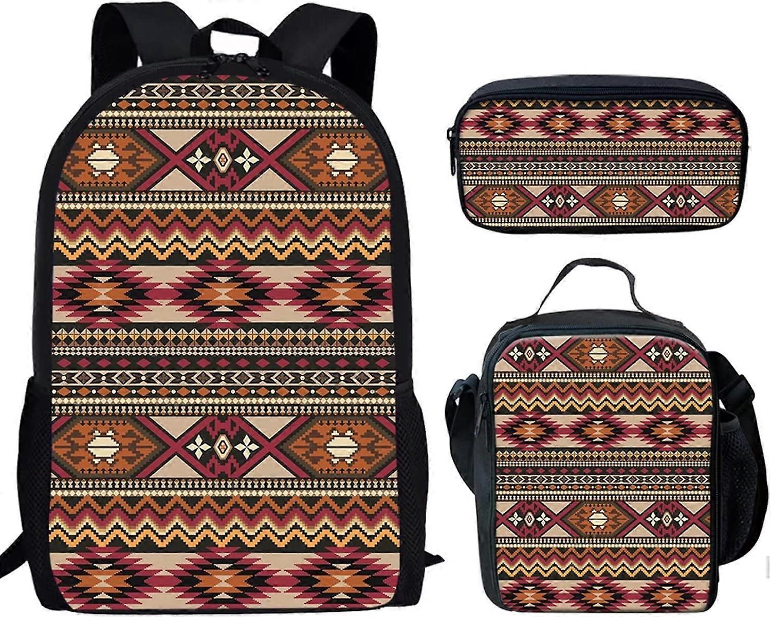 الأزتك الأفريقية الهندسية طباعة الاطفال حقيبة الظهر المدرسية مع حقيبة قلم رصاص معزولة لانش بوكس 3 قطع حقيبة ظهر كومبو كيت