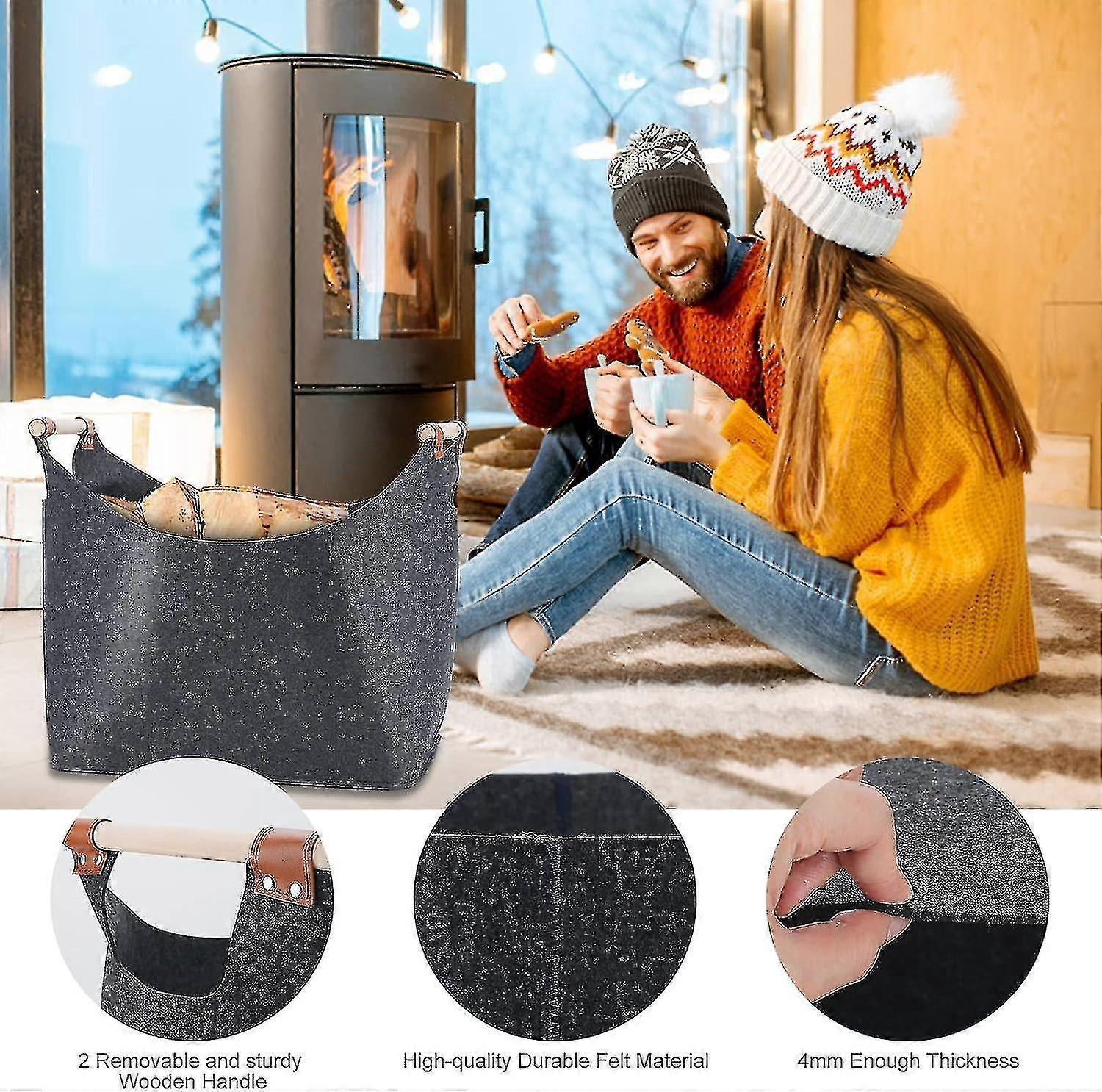 Portable Fireplace Log Holder, Firewood Storage Log Baskets with Handles, Black