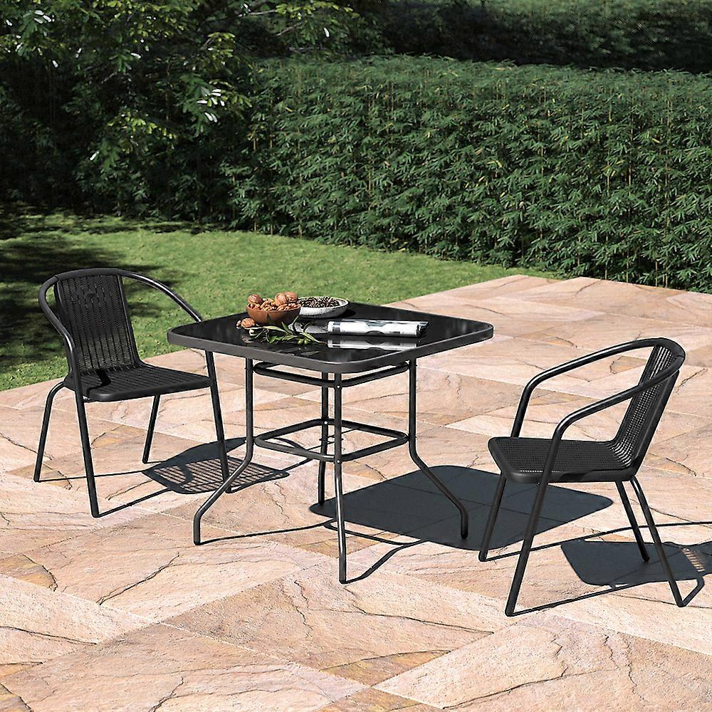 Set of 3 Garden Glass Umbrella Table and Stackable Chairs Set