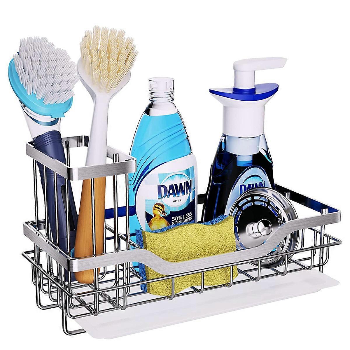 Multifunctional Sink Caddy with Detachable Brush Holder, Kitchen Sink Organizer with Drawable Drain Tray