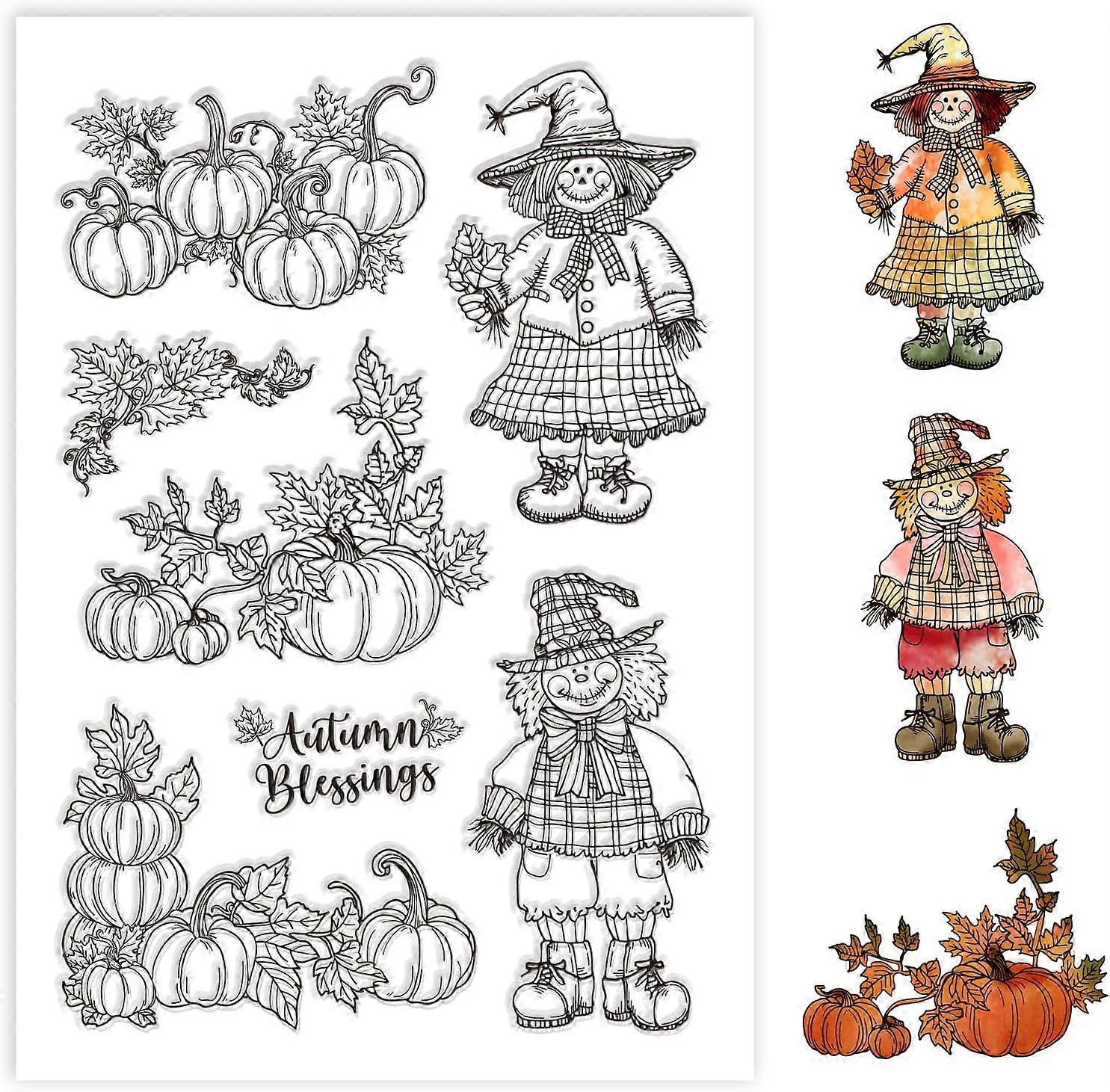 Autumn Silicone Clear Stamps Fall Pumpkin Scarecrow Maple Leaf Transparent Stamp Seals for Card Making DIY Scrapbooking Journaling Decoration 11x16cm/