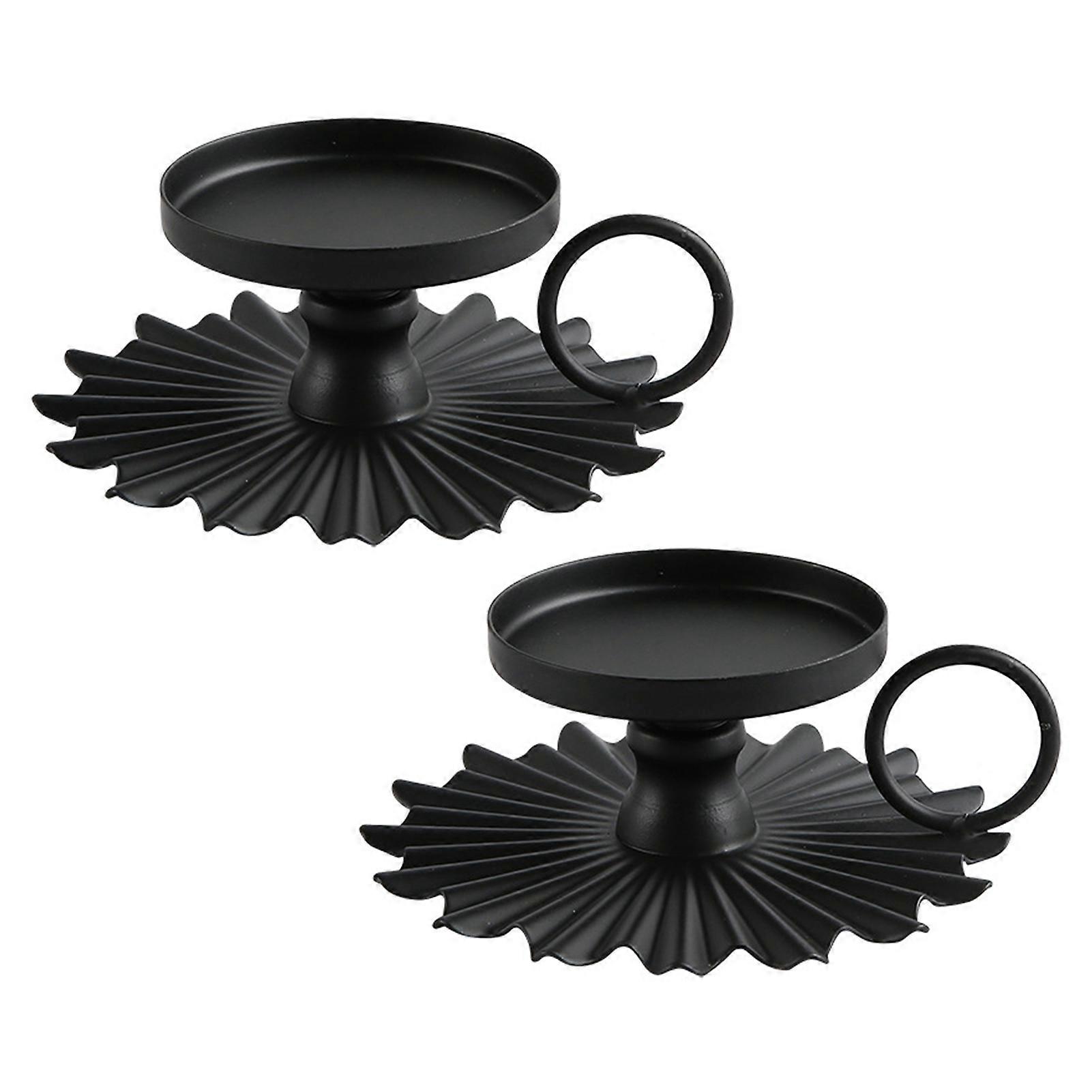 2Pcs Vintage Iron Candle Holder Set Elegant Stable Support Scalloped Base Design Round Handle Candle Holder