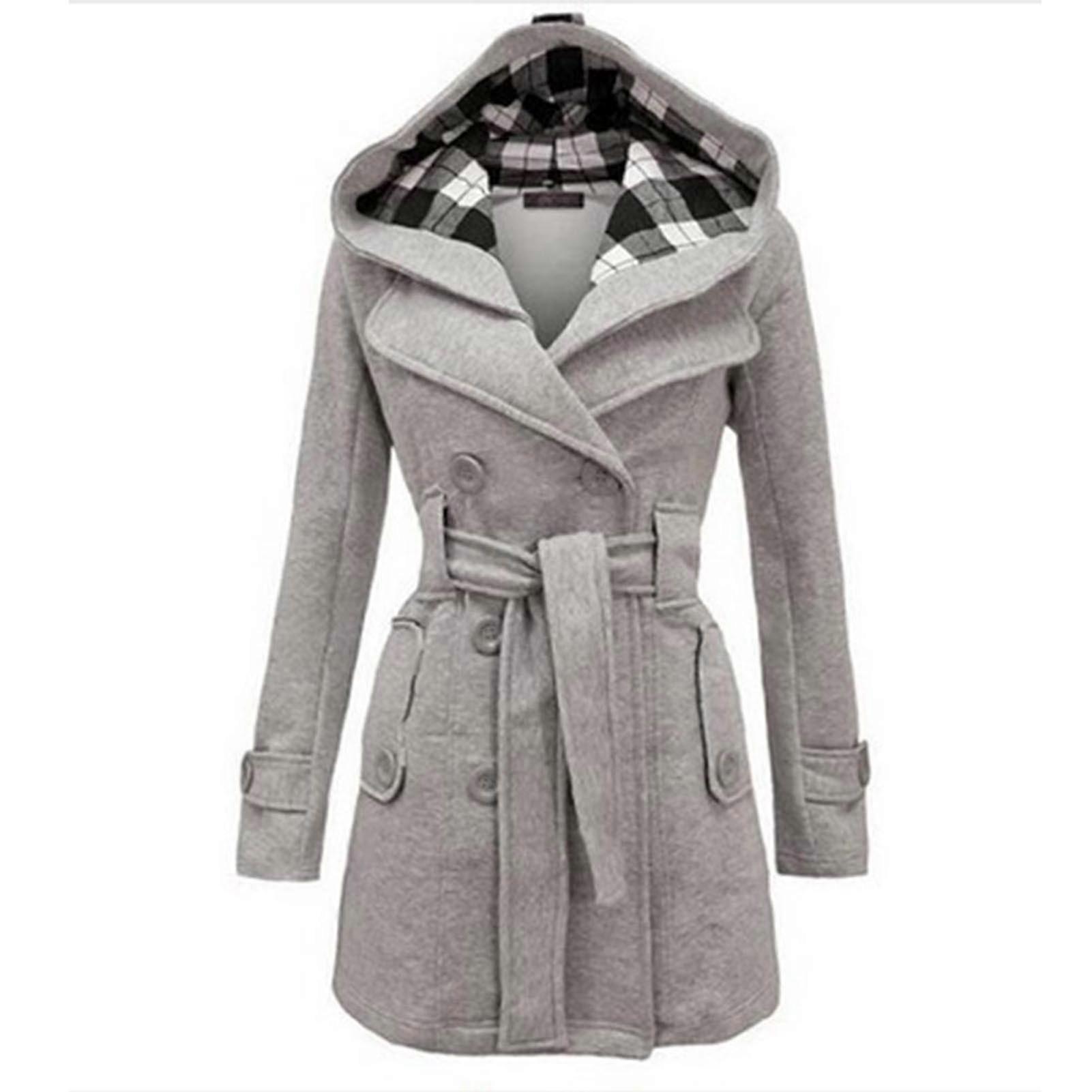 Women\'s Hoodie Pea Coat Double Breasted Winter Felt Long Jacket with Waist Belt