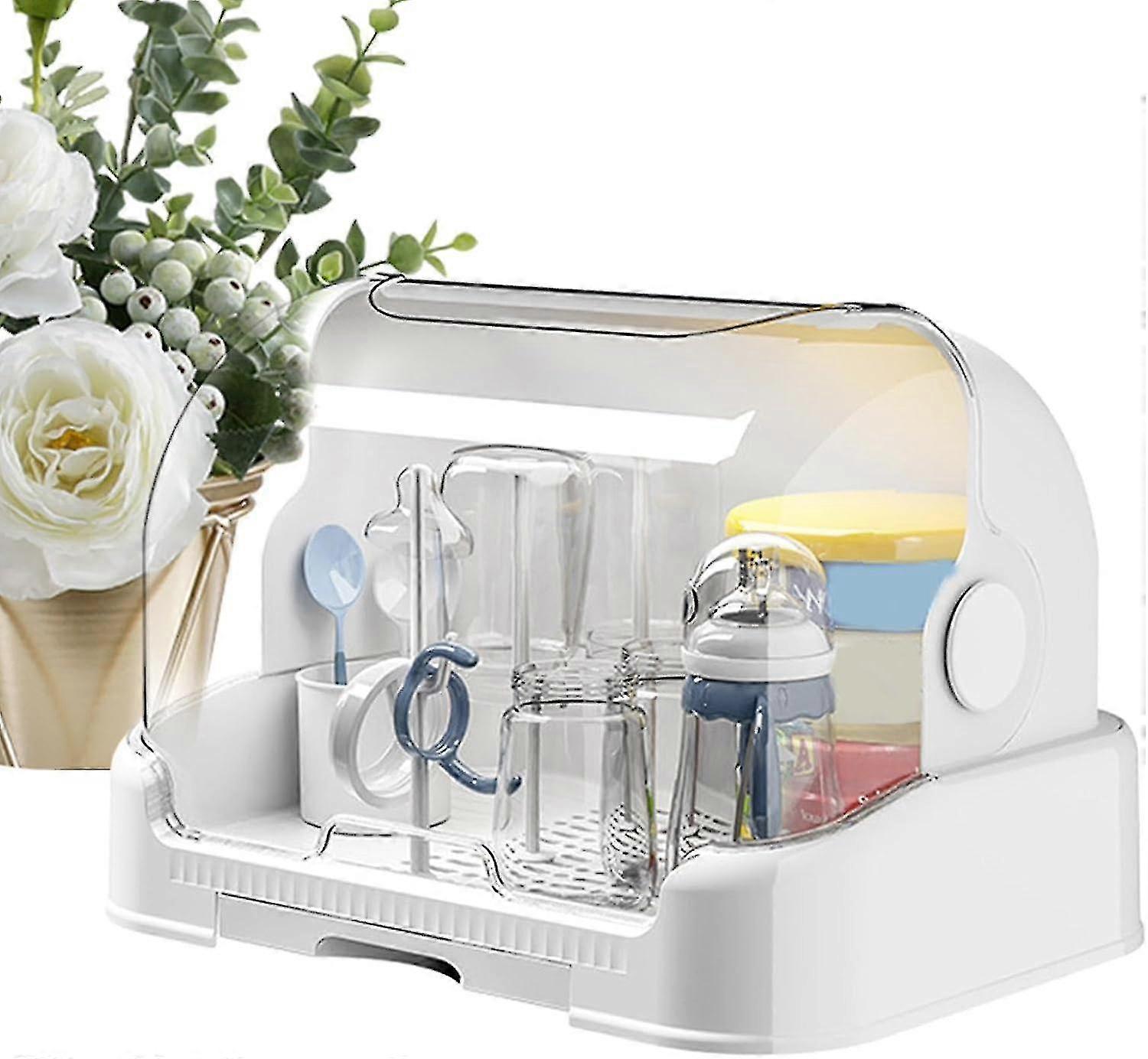صندوق تخزين زجاجات الأطفال ، رف مجفف زجاجات الأطفال مع صينية مياه قابلة للإزالة ، مجفف زجاجات مقاوم للغبار مع أغطية ، رف تجفيف زجاجة كونترتوب - GLS