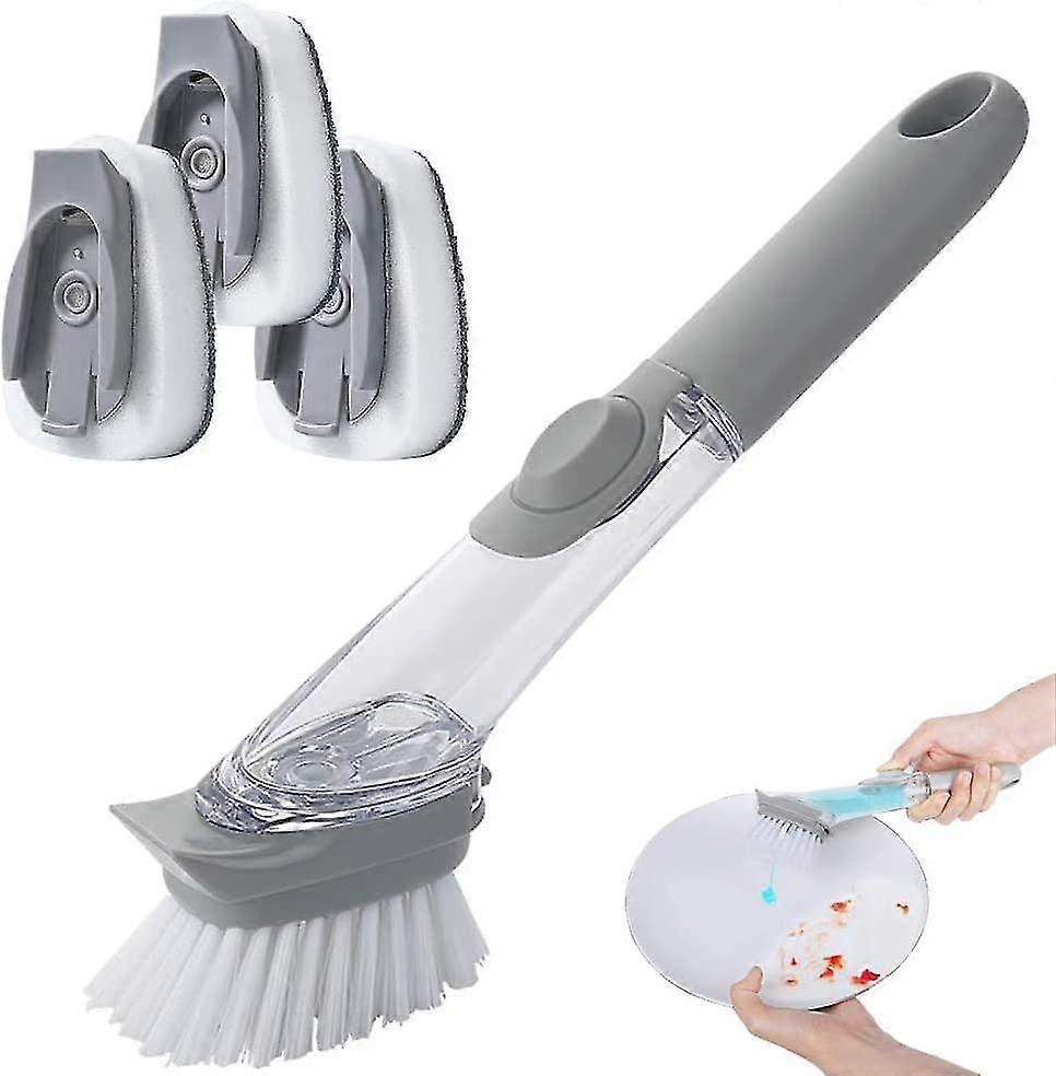 Three In One Dishwashing Brush With Detergent Dispenser, Kitchen Dish Brush Pot Artifact, Automatic Cleaning Brush To Add, 1 Pp Brush And 3 Cleaning S
