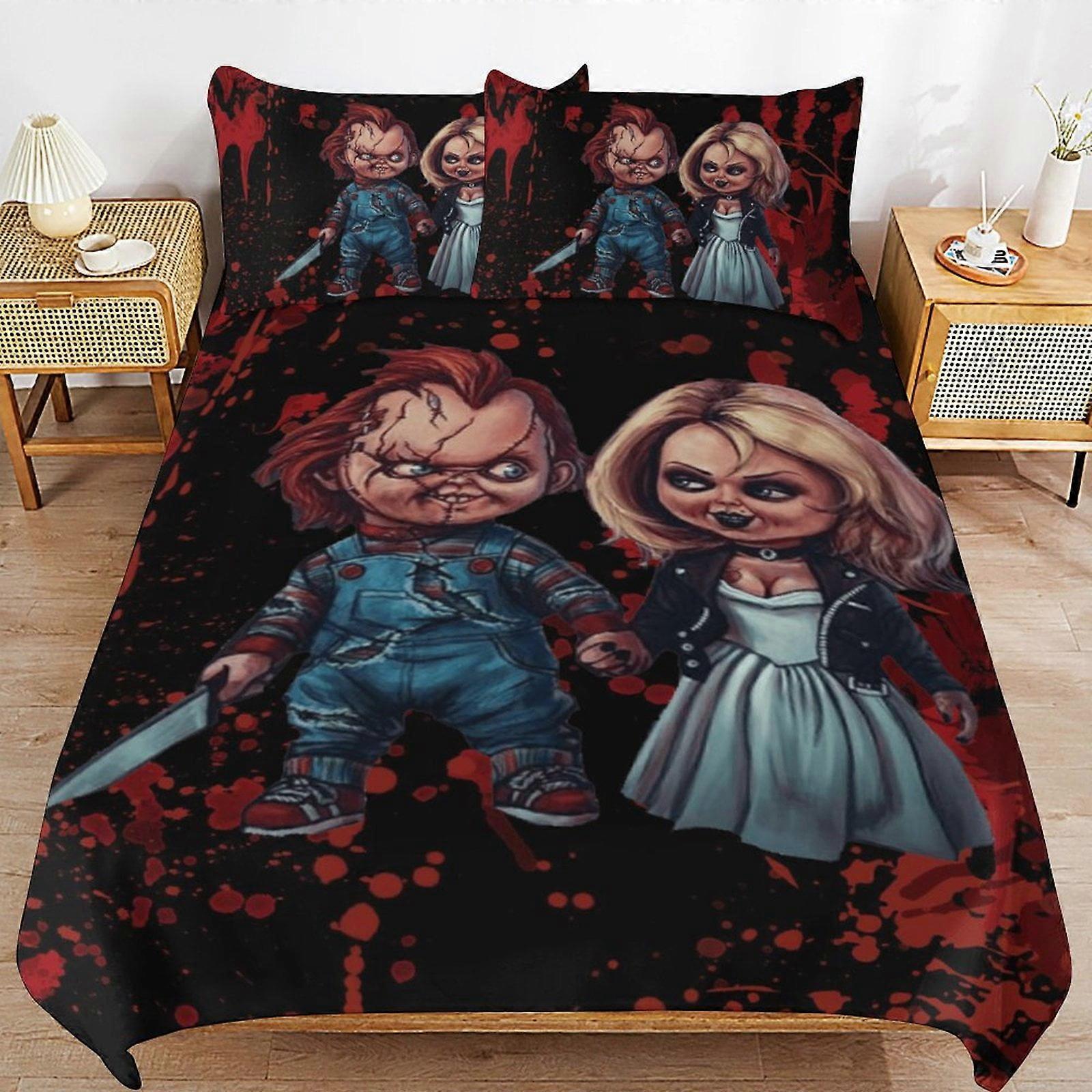 a1409 Bride of Chucky påslakanset, 3-delat sängkläder 86x70" dubbelsidig utskrift dekorativt täcke överdragsset (1 påslakan + 2 kuddfodral