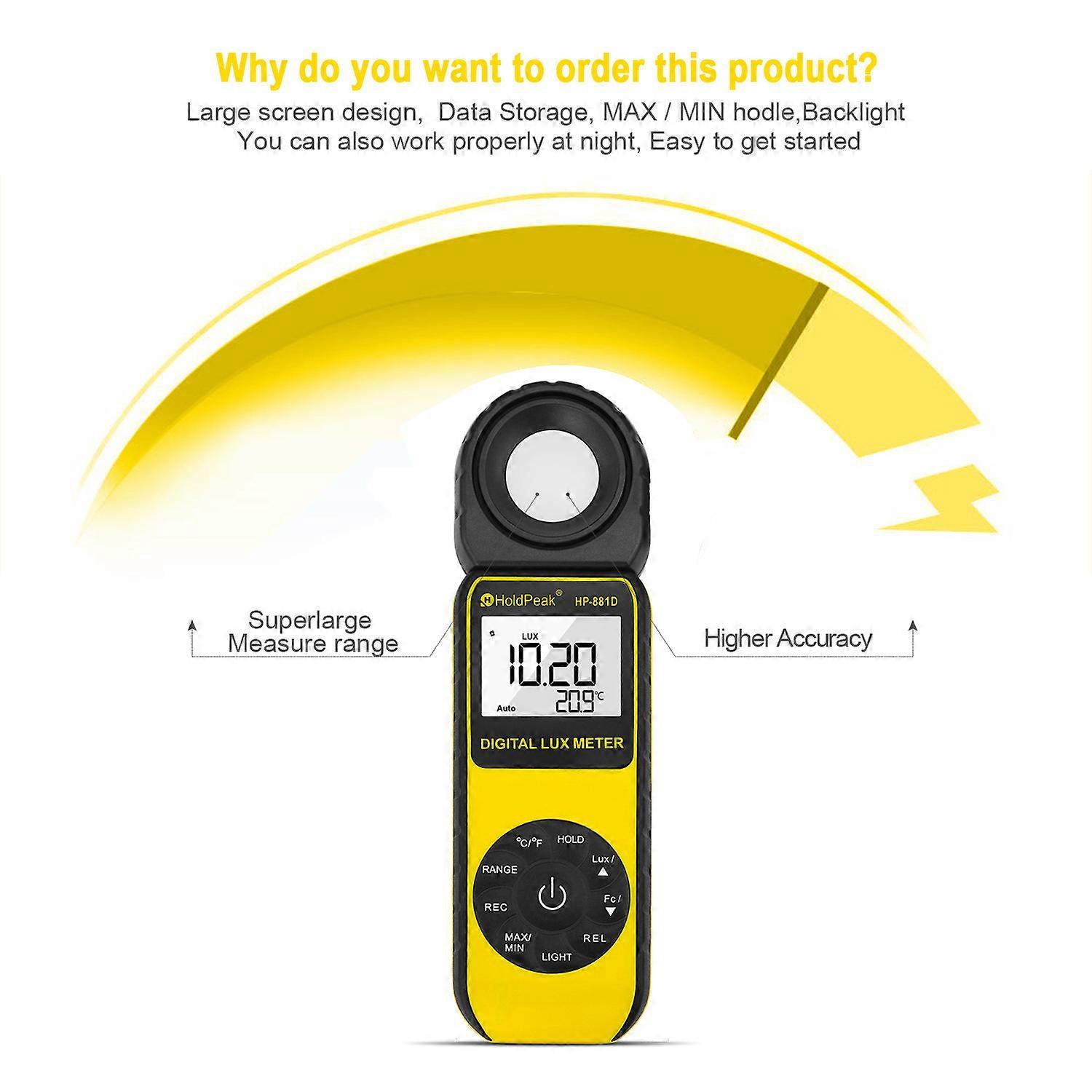 Digital Luxmeter,Brightness/Clearness Meter,Ambient Temperature Meter with Range Up to 400,000 Lux,1-40000FC Luxmeter,1pc