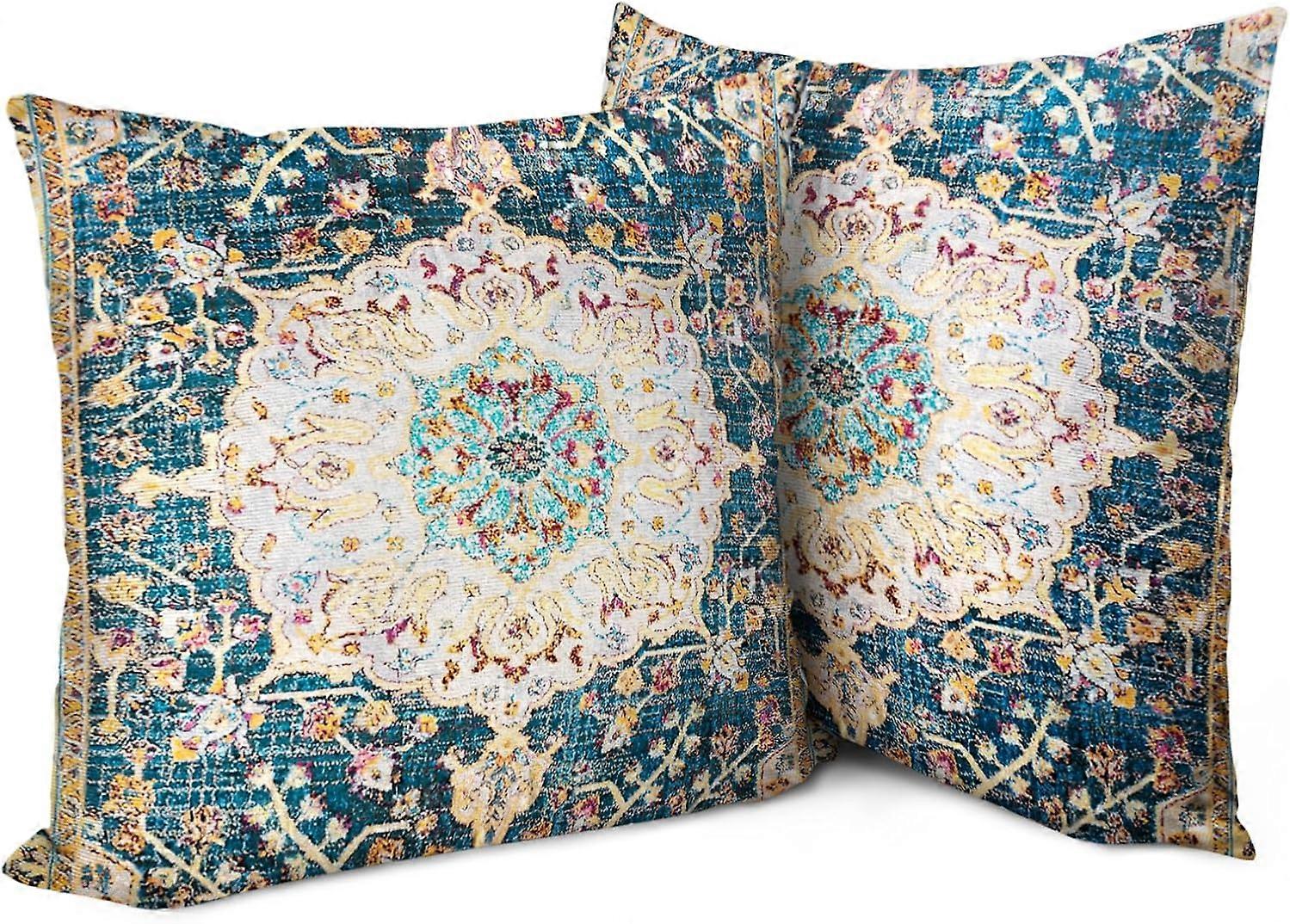 Boho Pillow Covers 20"x20" Set of 2 Vintage Carpet Blue Bohemian Throw Pillow Case Soft Square Decorative Pillowcases for Home Decor Sofa Car Living R