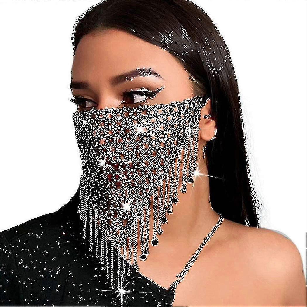Sparkly Metal Mesh Mask Tassel Beads Chain Masks Festival Rave ...