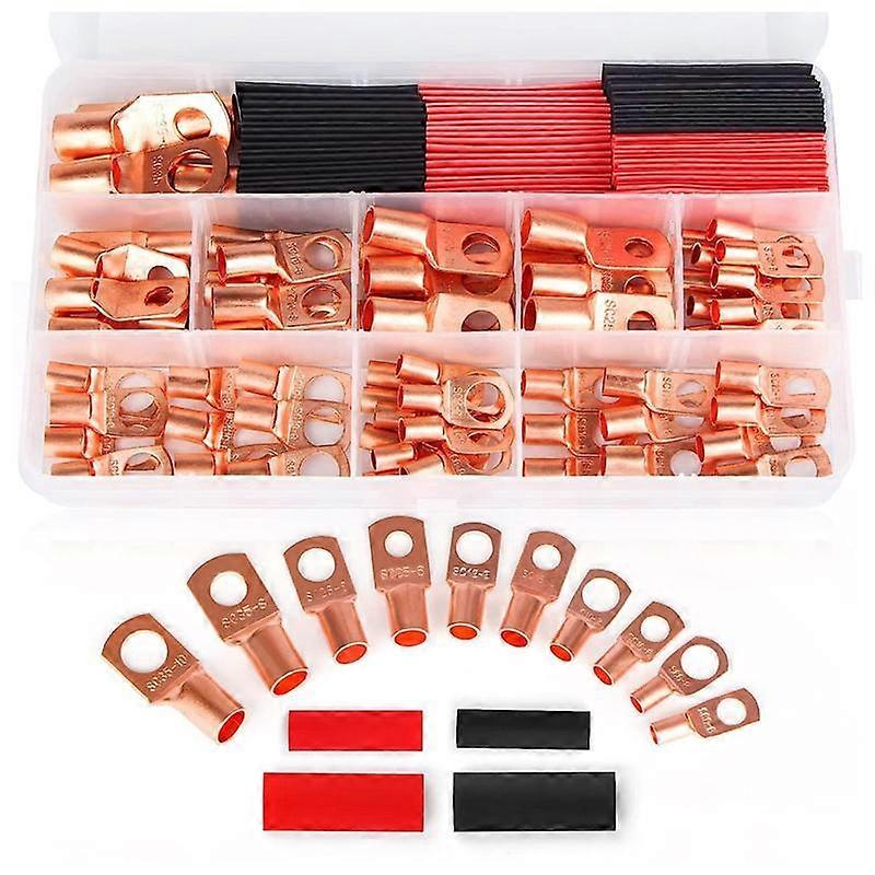 130PCS Copper Wire Lugs,Terminal Connectors,Used on AWG12 10 8 6 4 2 Cable,Heat Shrink Set,Ring Terminals Connectors