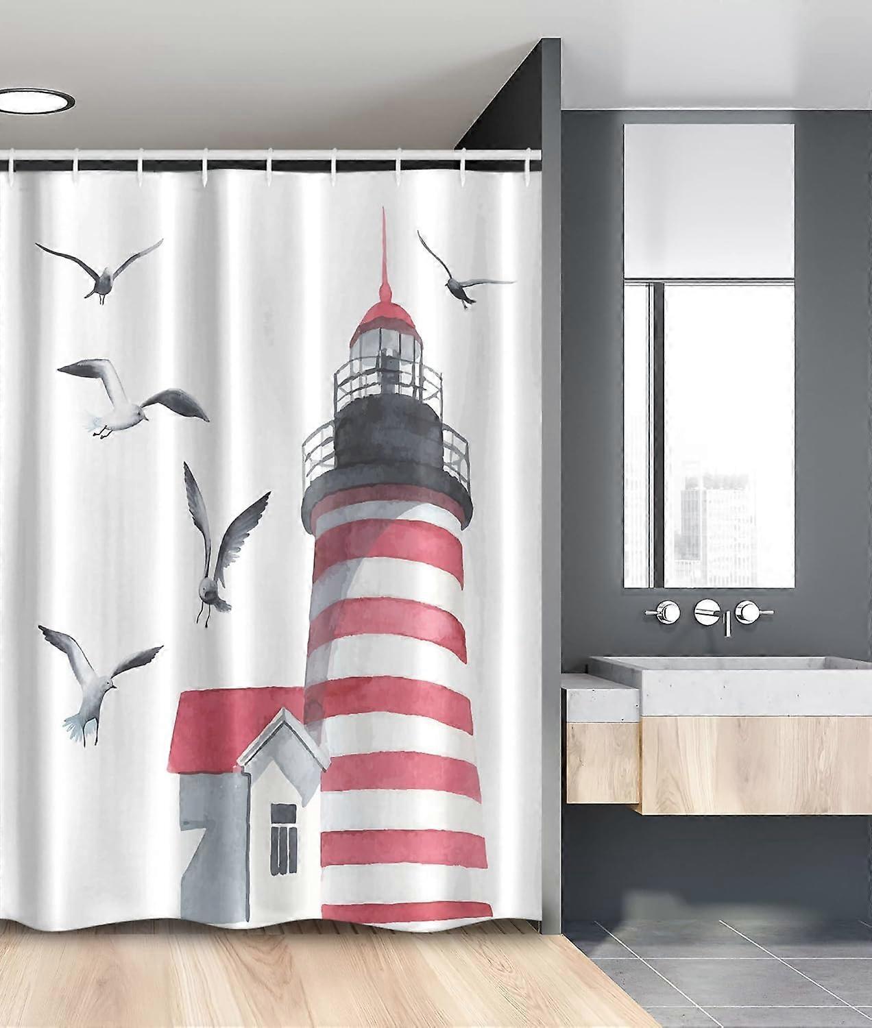 Lighthouse Shower Curtain, Lighthouse and Seagulls on The Beach Navigational Aid Seaside Waterways Art, Fabric Bathroom Decor Set with Hooks,Red Grey 