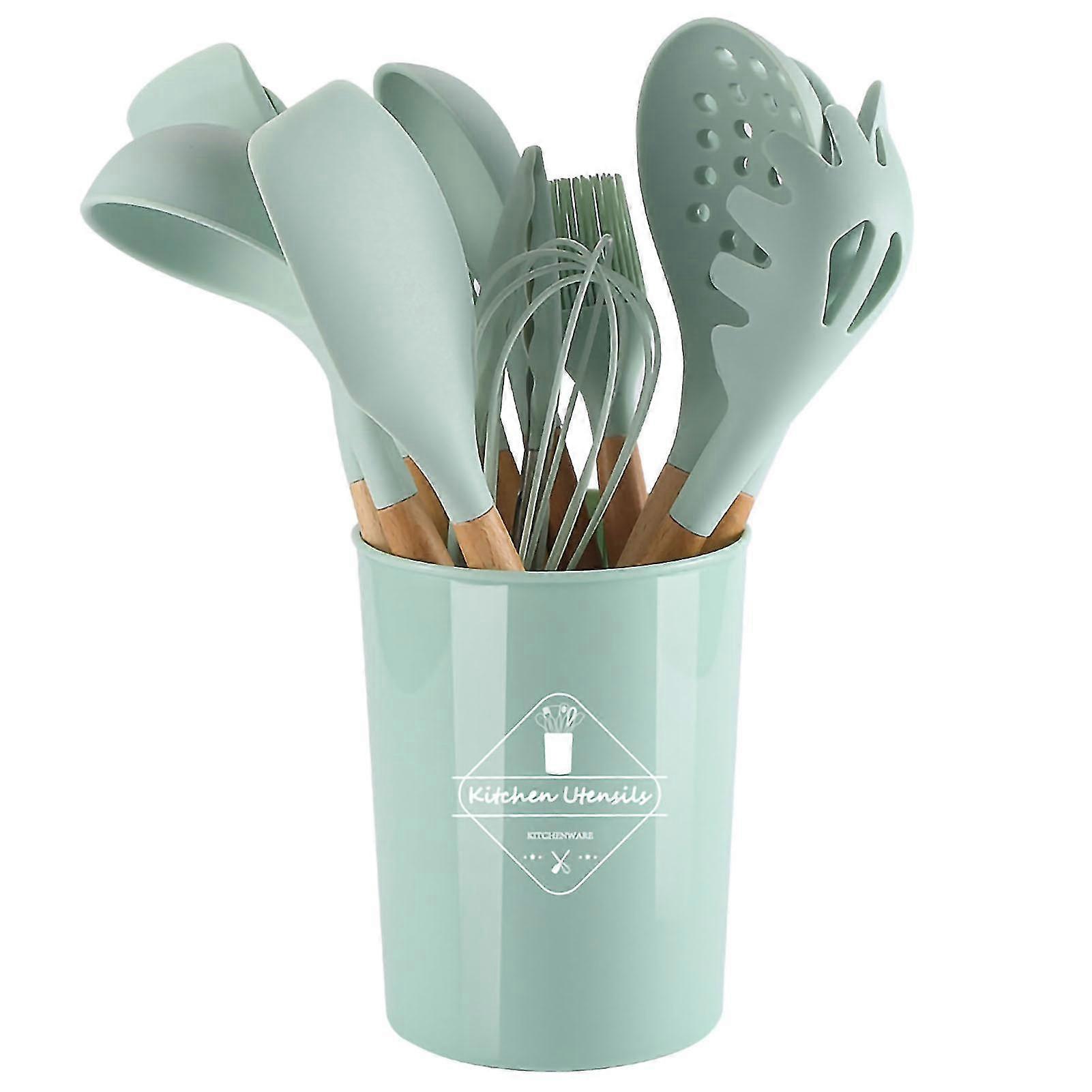 Silicone Cookware Set with Wood Handle - Non Stick Kitchenware Kit and Container (Light Green)