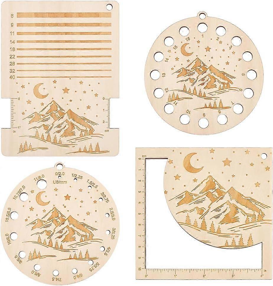 4Pcs Wood Knitting Gauge Ruler with Stars Over Mountains Pattern Knitting Needle Gauge Measuring Tool Embroidery Floss Organizer Card Multifunctional