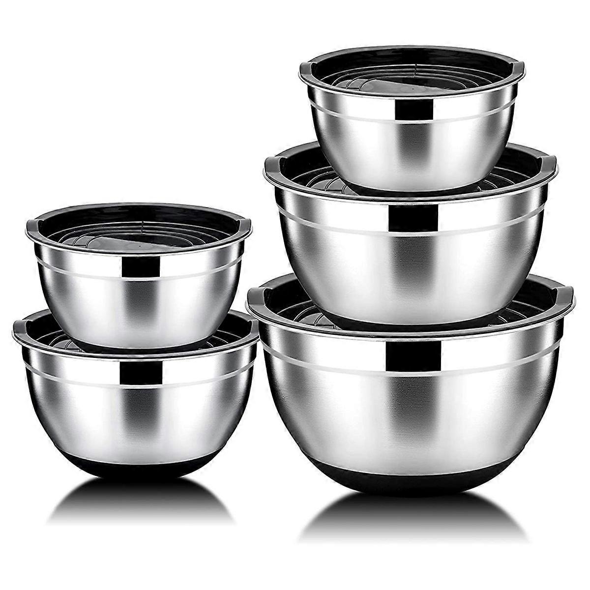 5 Pcs Mixing Bowl,Stainless Steel Salad Bowl with Airtight Lid&Non- Base,Serving Bowl for Kitchen C