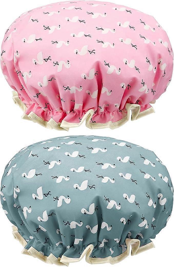 2-piece double layer bath cap (blue bird and pink bird), elastic band waterproof bath cap, double layer reusable, can be used with girls and women's p