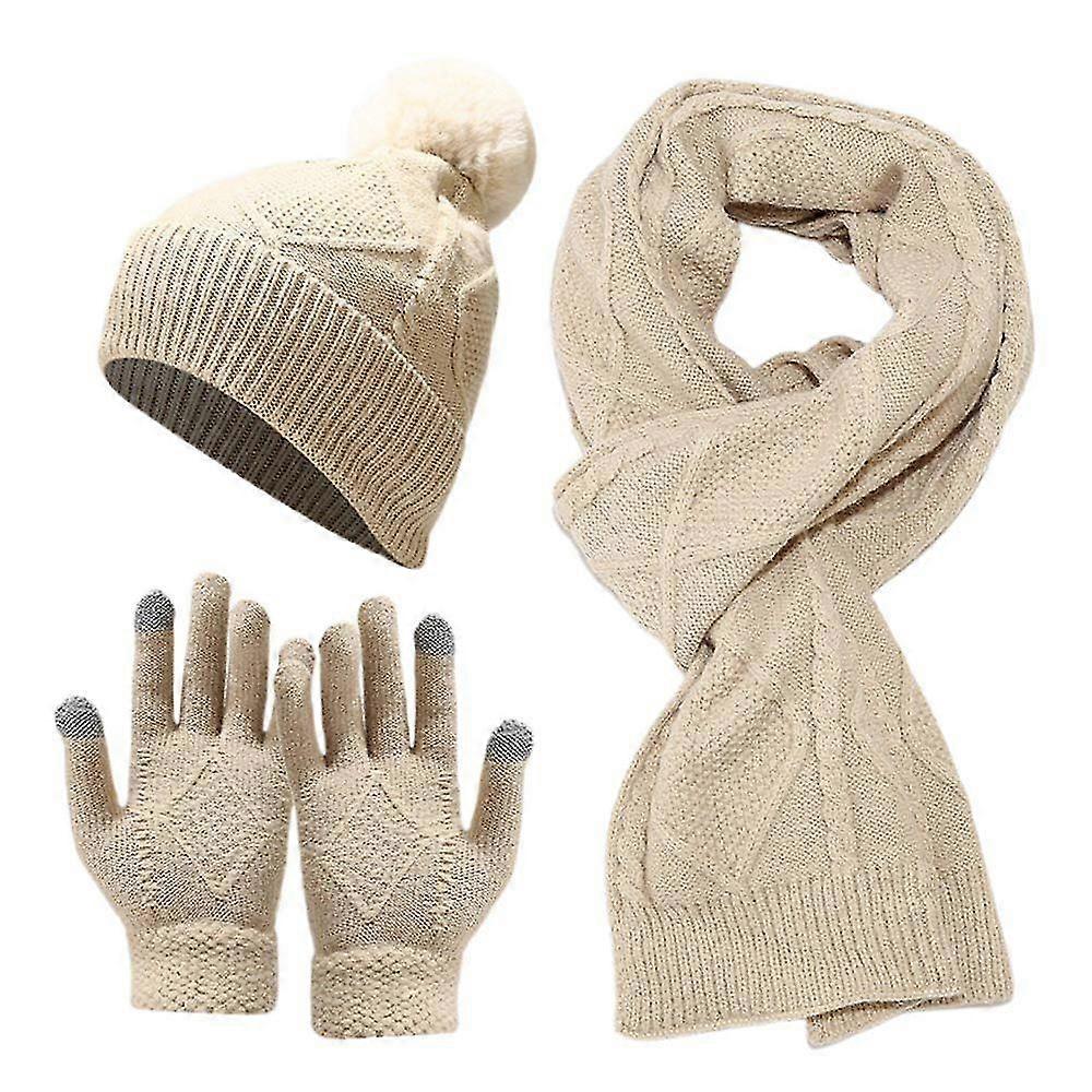 3pcs/set Mulheres Homens Cabo Malha Pom Pom Beanie Chapéu Inverno Longo Cachecol Longo Luvas de dedo Cheio