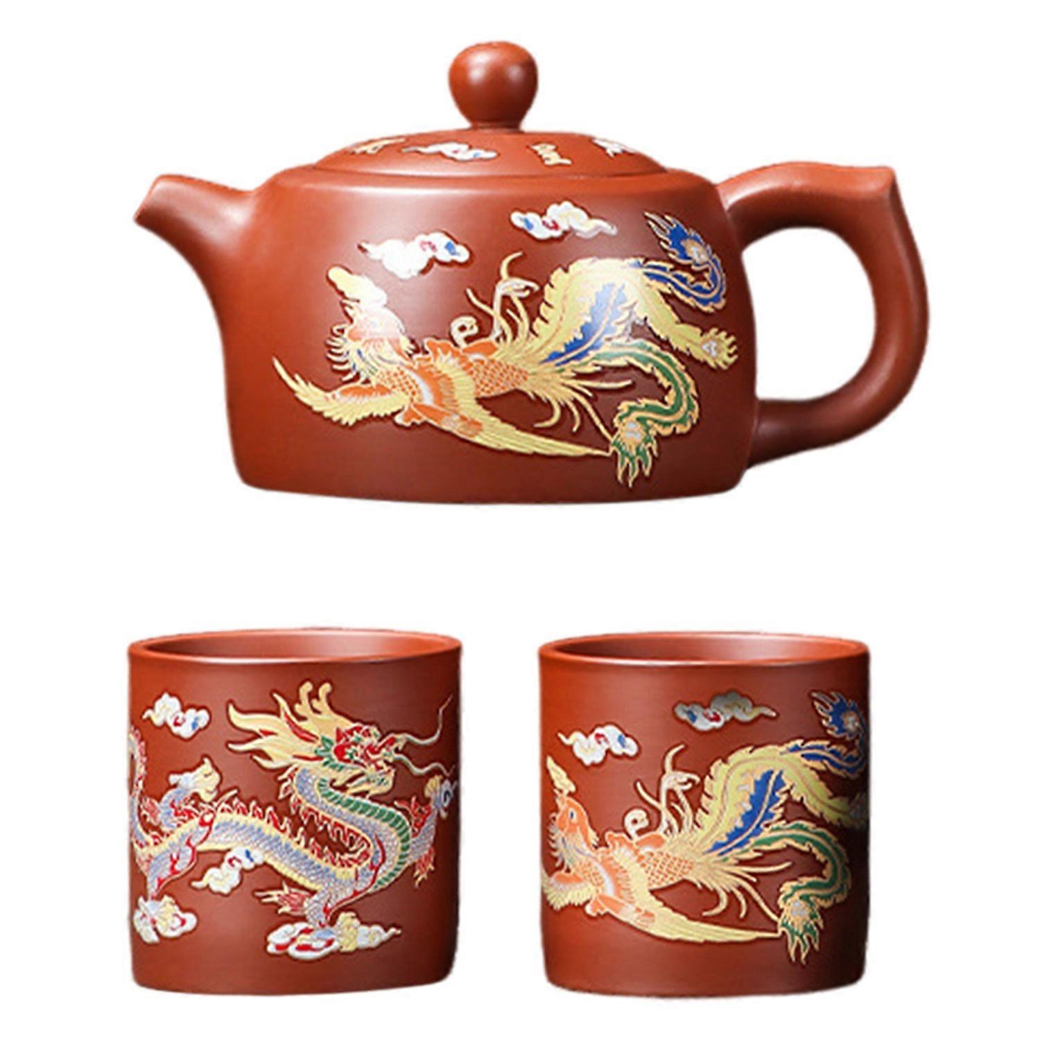 Teapot with 2 Cups Dragon And Phoenix Color-changing Purple Clay Teapot Hand-made Zisha Tea Set Kung