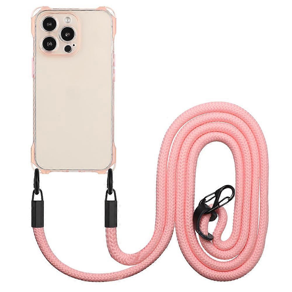 For iPhone 16 Pro TPU Case Four Corner Drop-Proof Back Cover with Long Strap - Pink