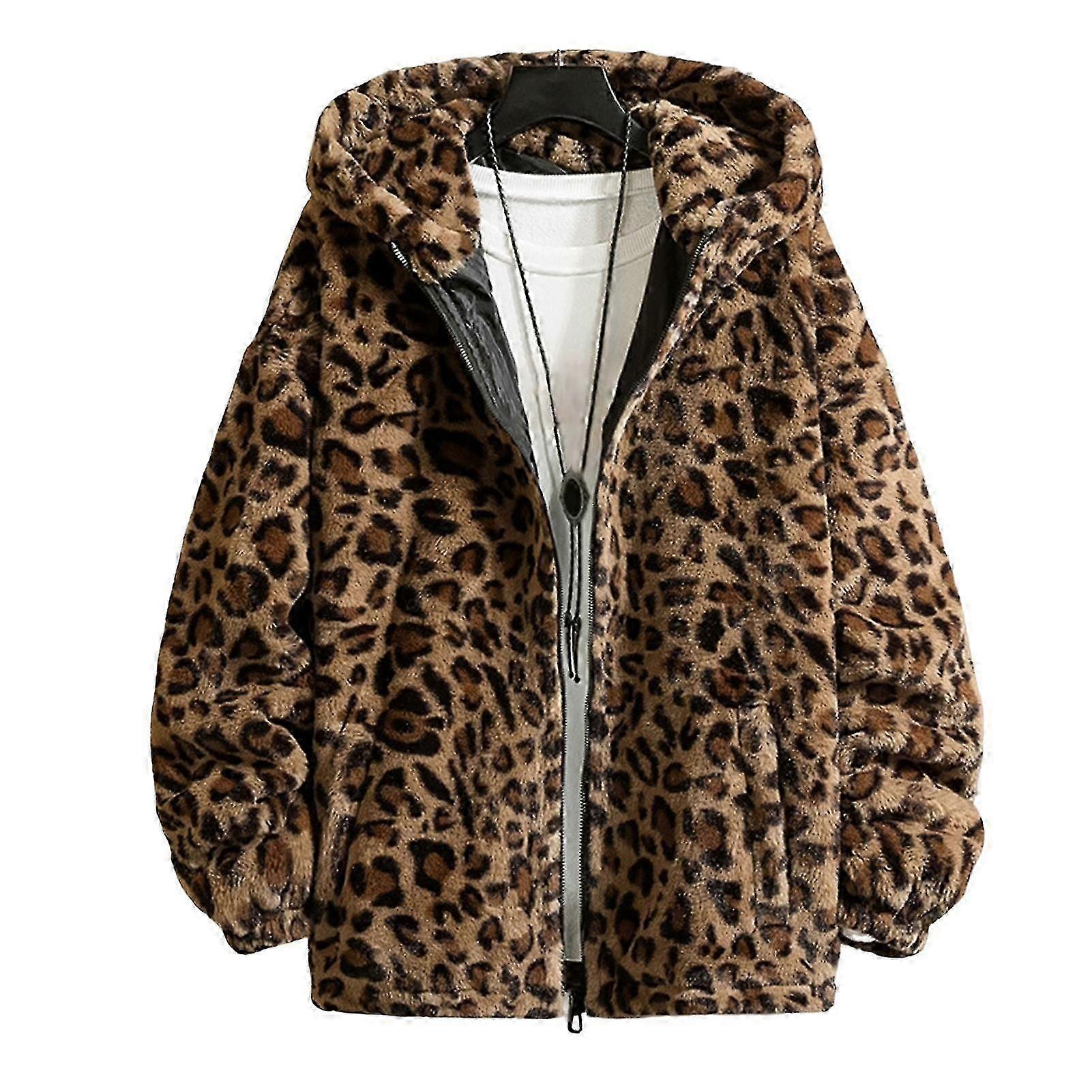 Leopard Print Long Sleeve Pockets Zipper Closure Men Coat Winter Thickened Double-sided Plush Hooded Outerwear-Good