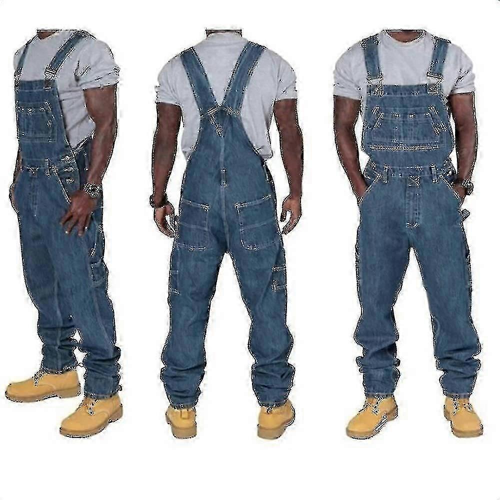 Men's Plus Size Denim Overalls Fashion Jeans Denim Bib Loose Multiple Pockets Adjustable Straps