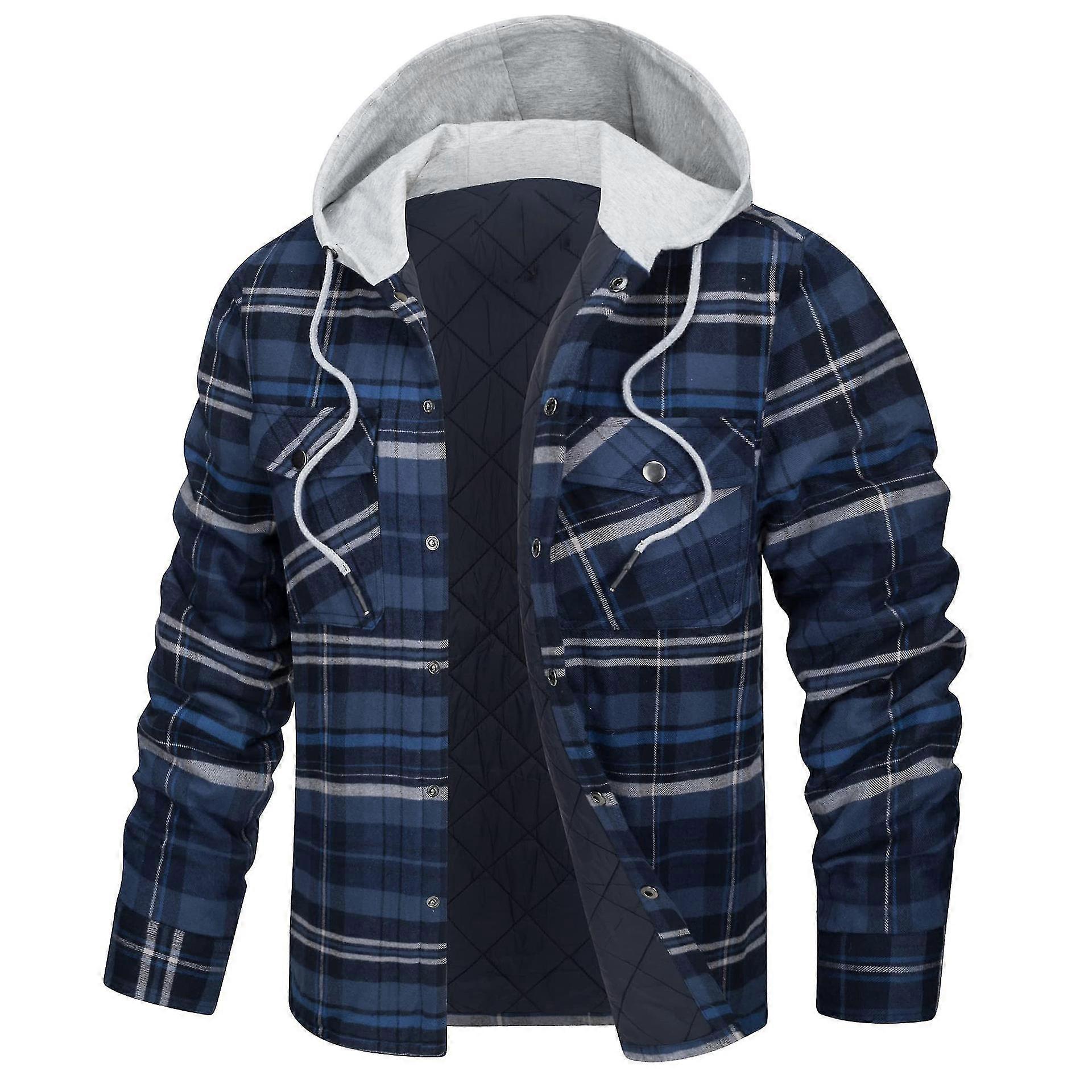 Herren Winter-Hemdjacke mit Steppfutter und Kapuze, dicker karierter Flanellmantel mit Taschen