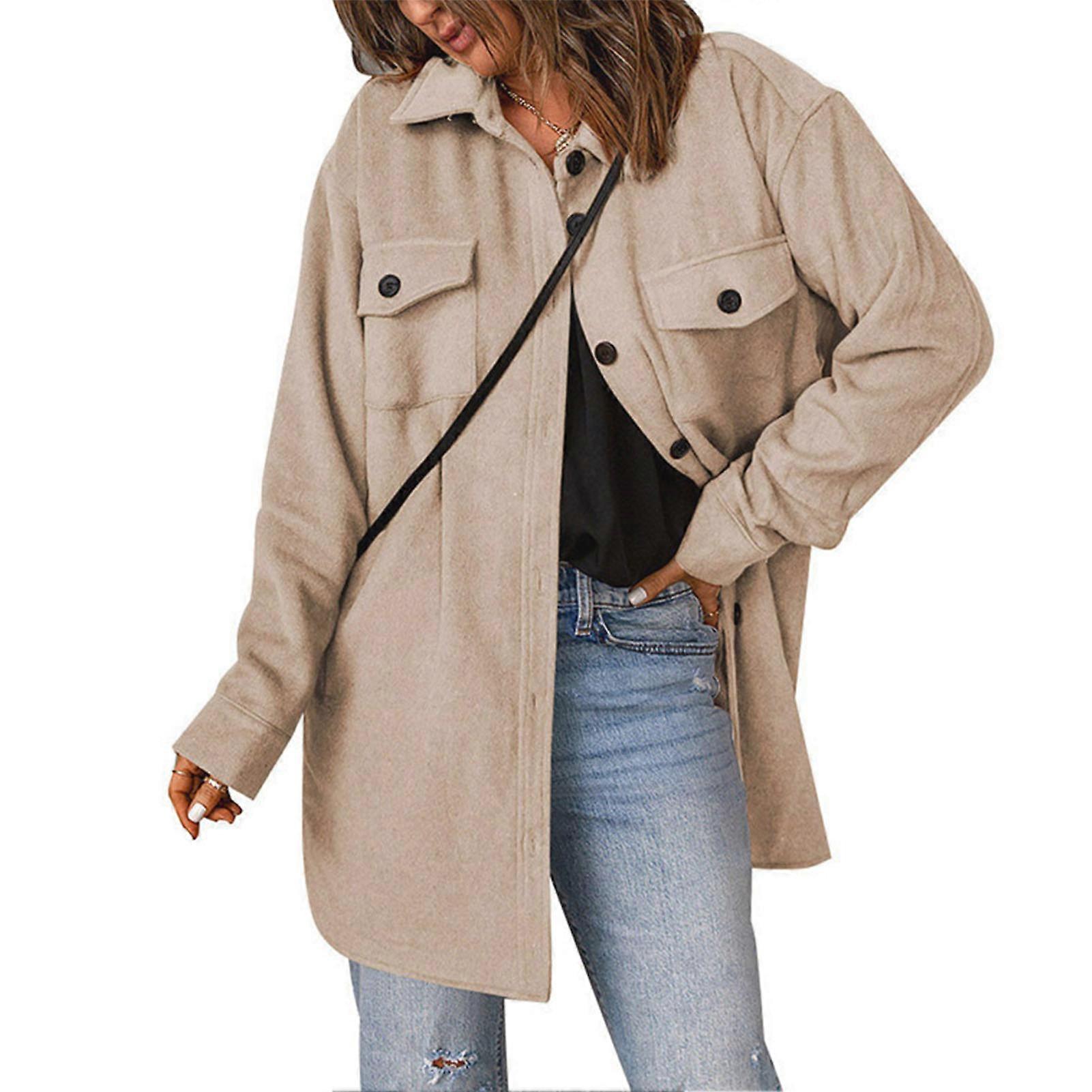 Coat Solid Colour Single Breasted Lapel Long Sleeves Casual Loose Comfortable Shirt Jacket