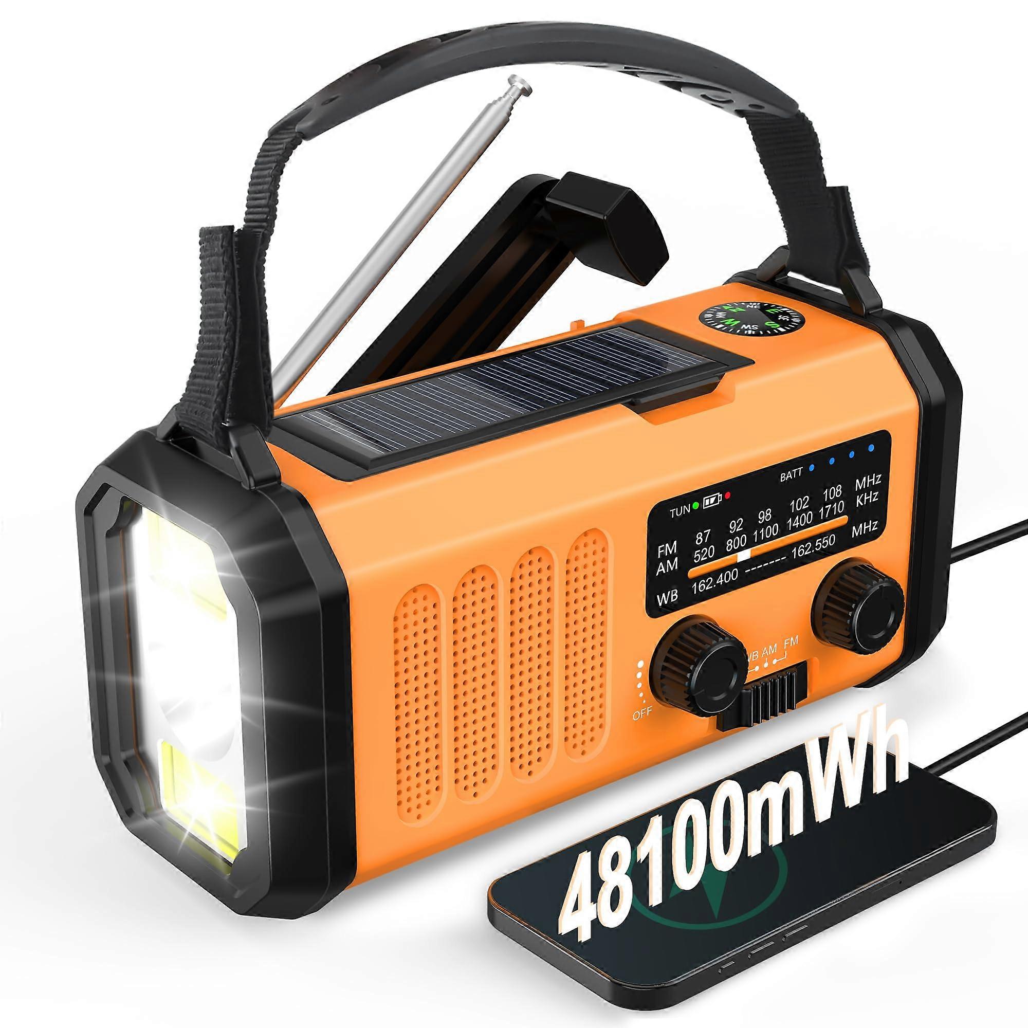 NOAA Emergency Weather Radio 48100mWh Solar Hand Crank 4-Way Powered AM FM With Phone Charger Flashlight Lamp