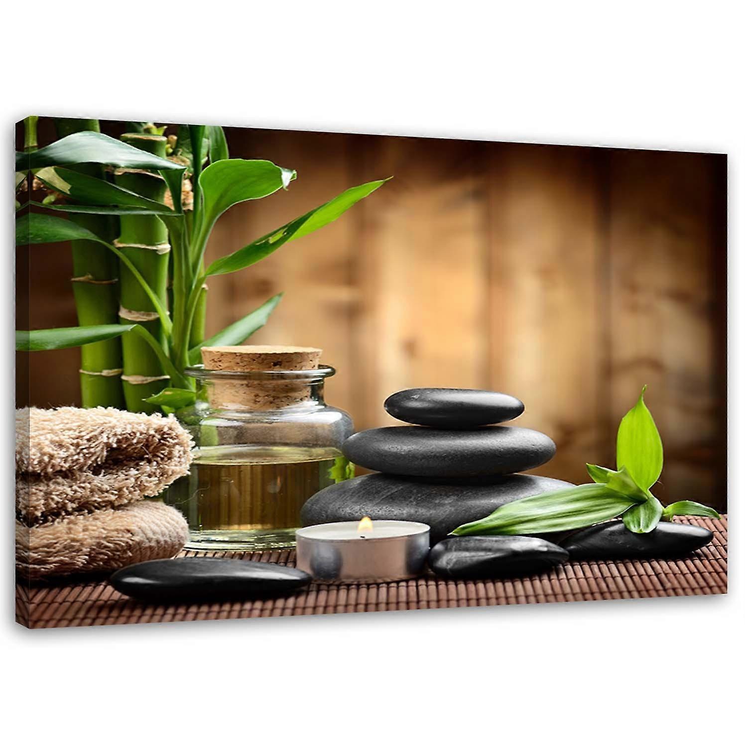 Lienzo, composición zen con piedras negras y bambú - 60x40